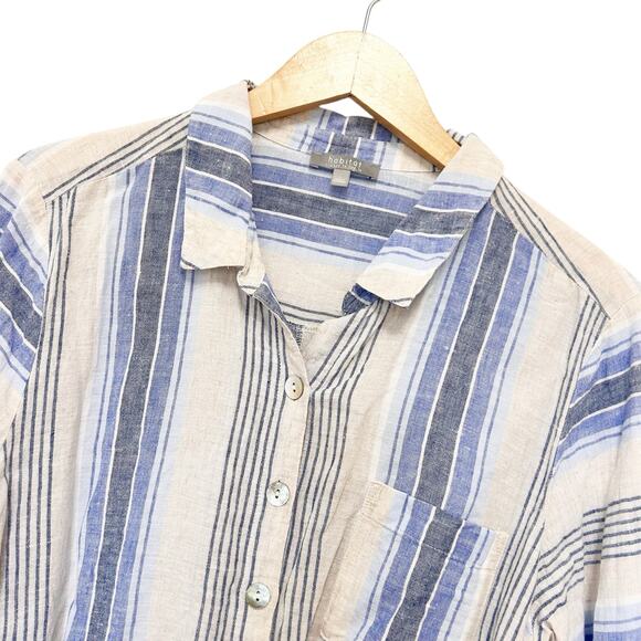 Habitat Blue White Striped Linen Blend Popover Top Sz L - Picture 1 of 6